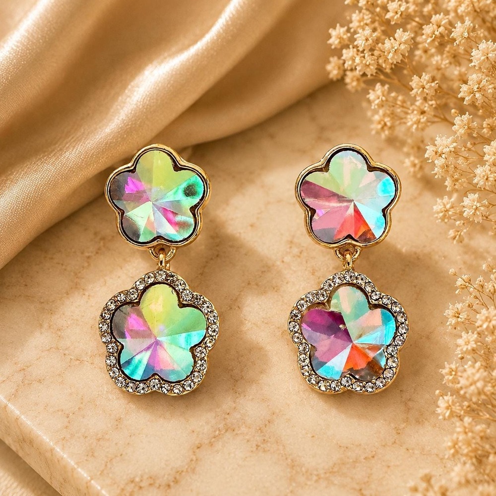 Monet AB Crystal Flower Drop Earrings Sample One of a Kind Aurora‎ Borealis